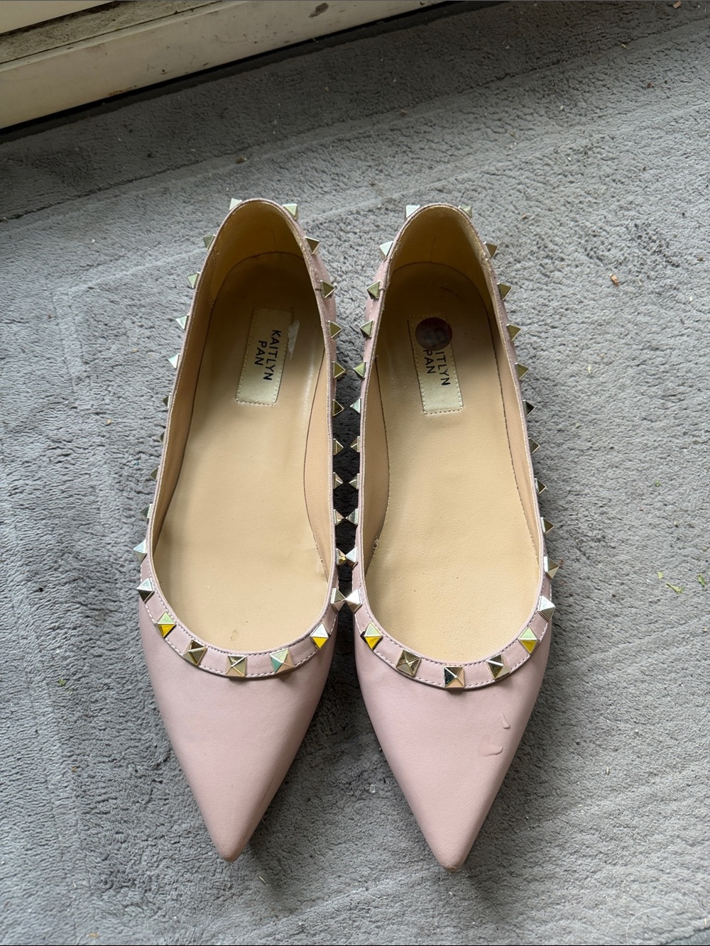 Valentina Blush Pink Pointed-Toe Flats with Pyramid Stud Trim